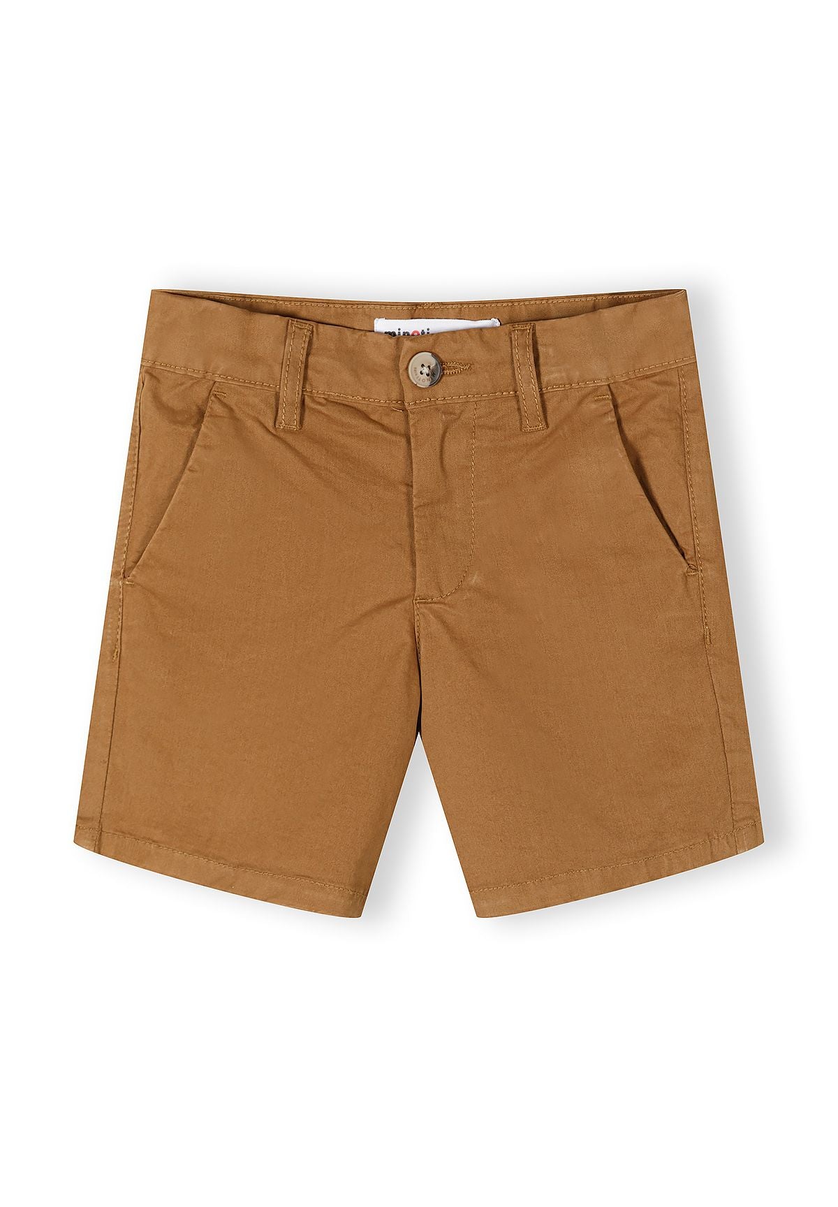 Boys chino shorts in sand, front view with button and pockets.