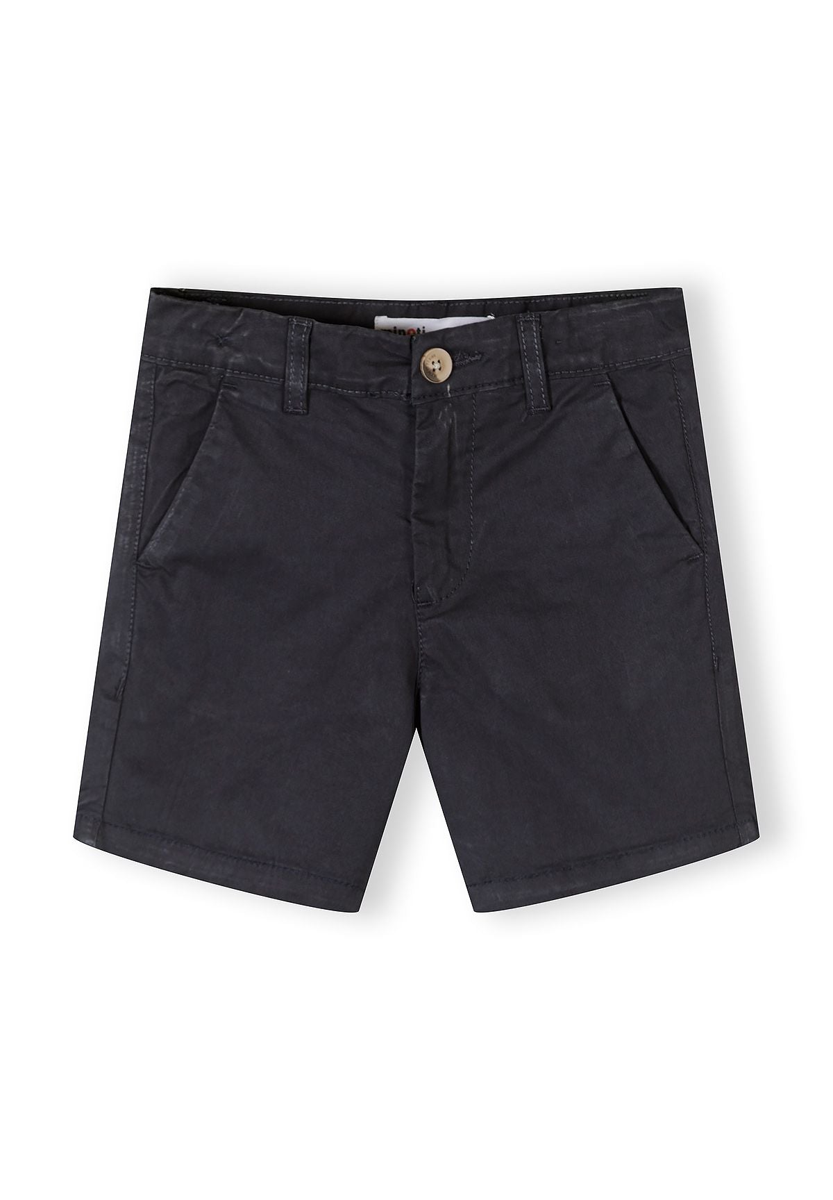 Boys navy chino shorts, front view, featuring zip and button closure with two side pockets.