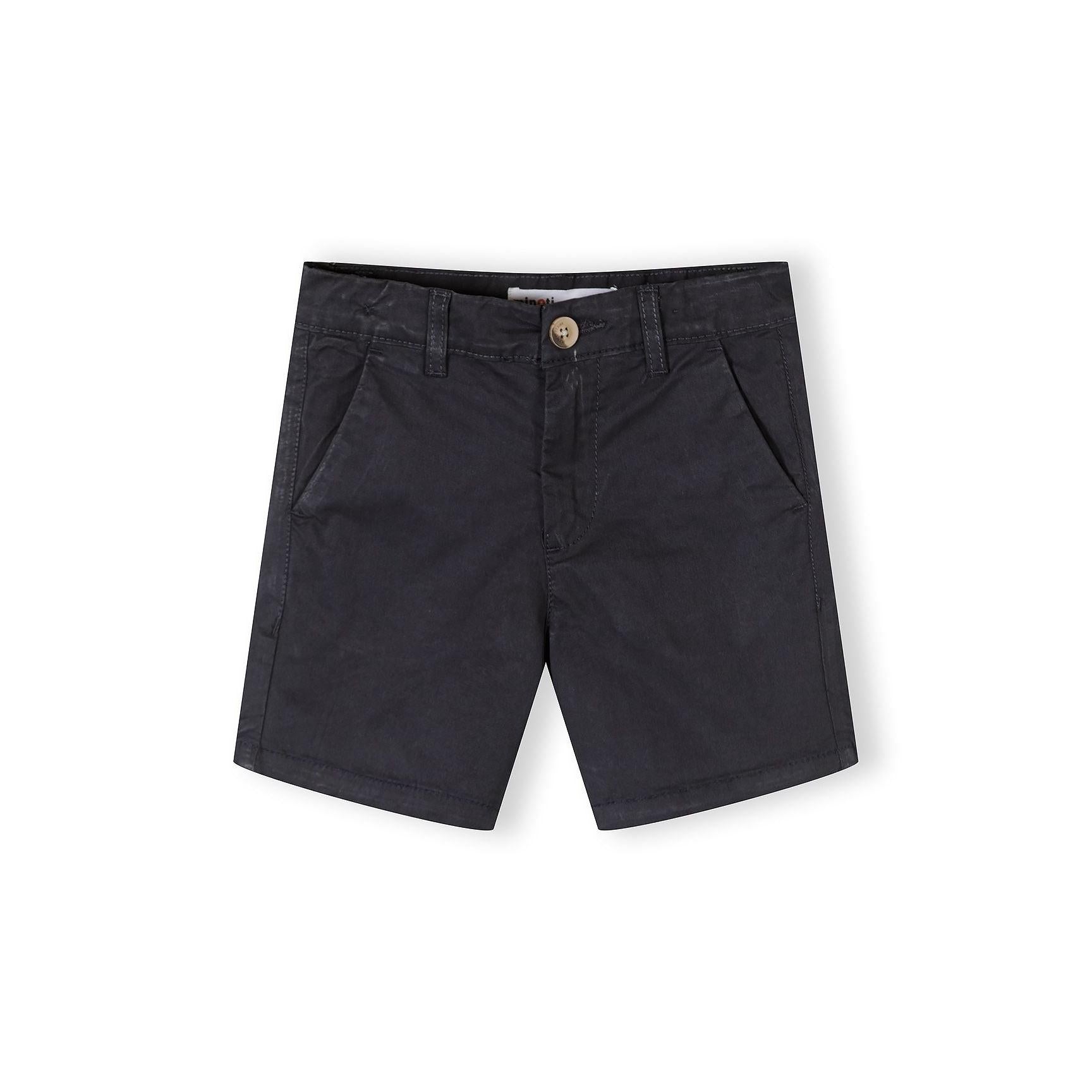 Single navy chino shorts displayed flat on white background showing classic tailored fit with button waistband and side pockets