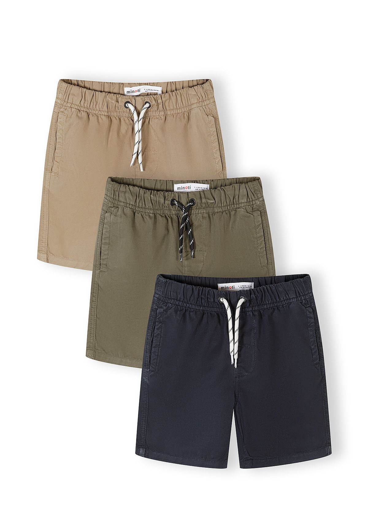 3-pack of boys' cotton shorts in sand, khaki, and navy with elastic waistband and side pockets.