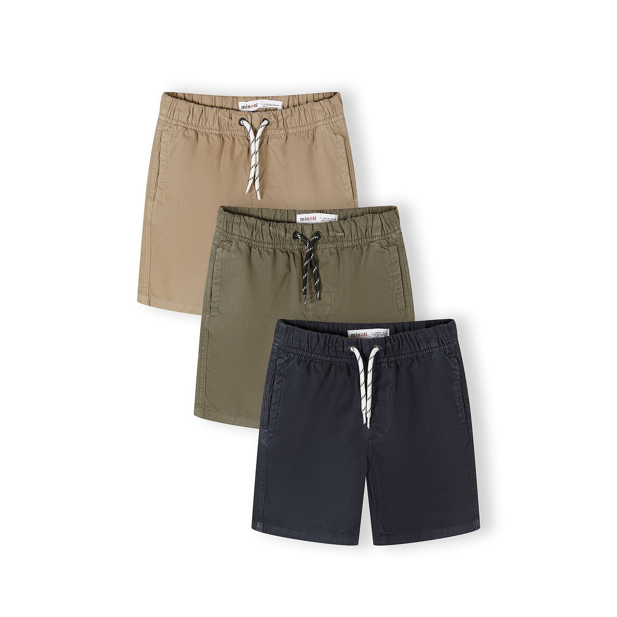 Boys' shorts 3-pack in tan, khaki green and navy — complete product view for square Shop card
