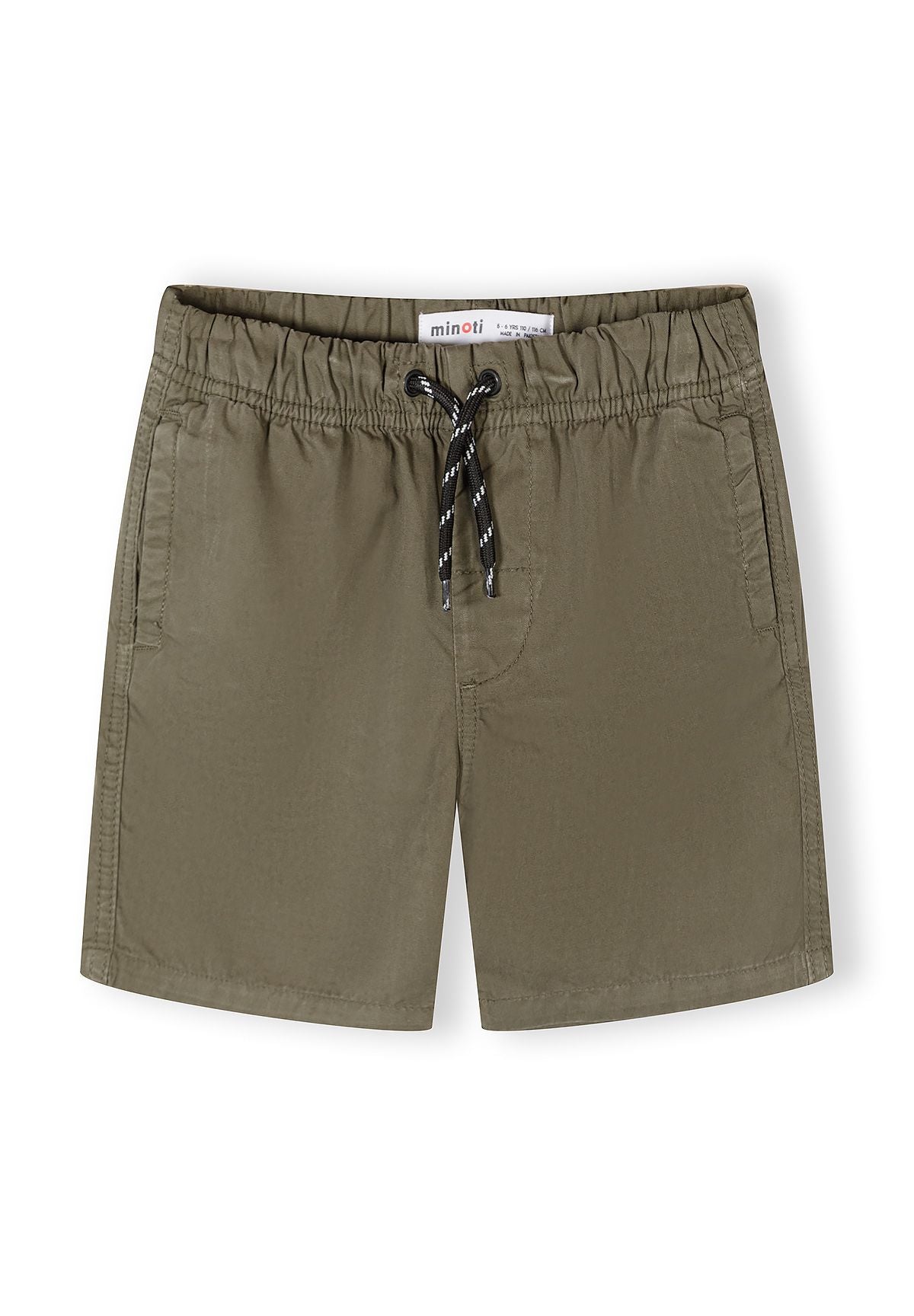 Boys' khaki cotton shorts with elastic waistband and side pockets, front view.