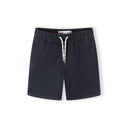 Navy blue cotton shorts with white drawstring tie and elastic waistband on white background