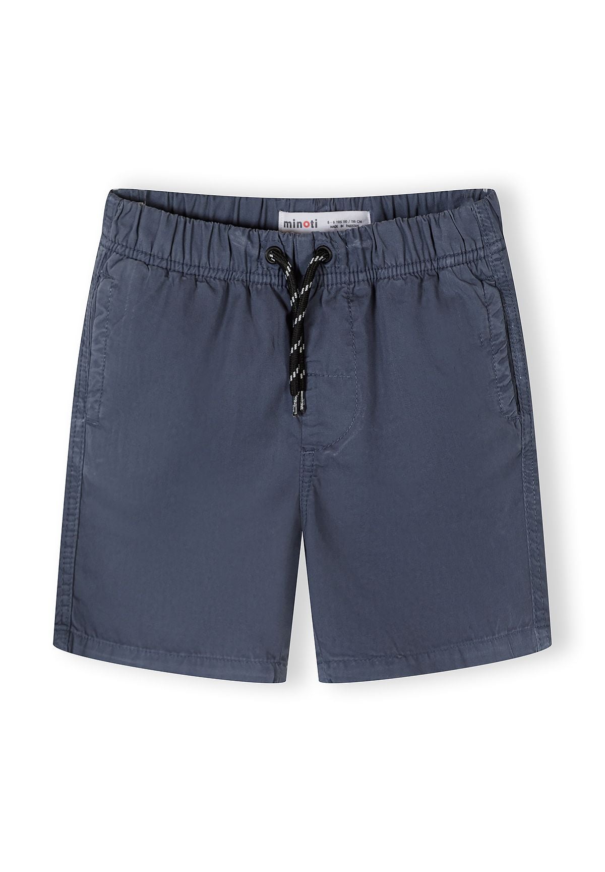 Close-up of navy woven shorts with elasticated waistband and side pockets.