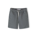 Single grey cotton shorts displayed flat showing elasticated waistband with white drawstring and side pockets on white background
