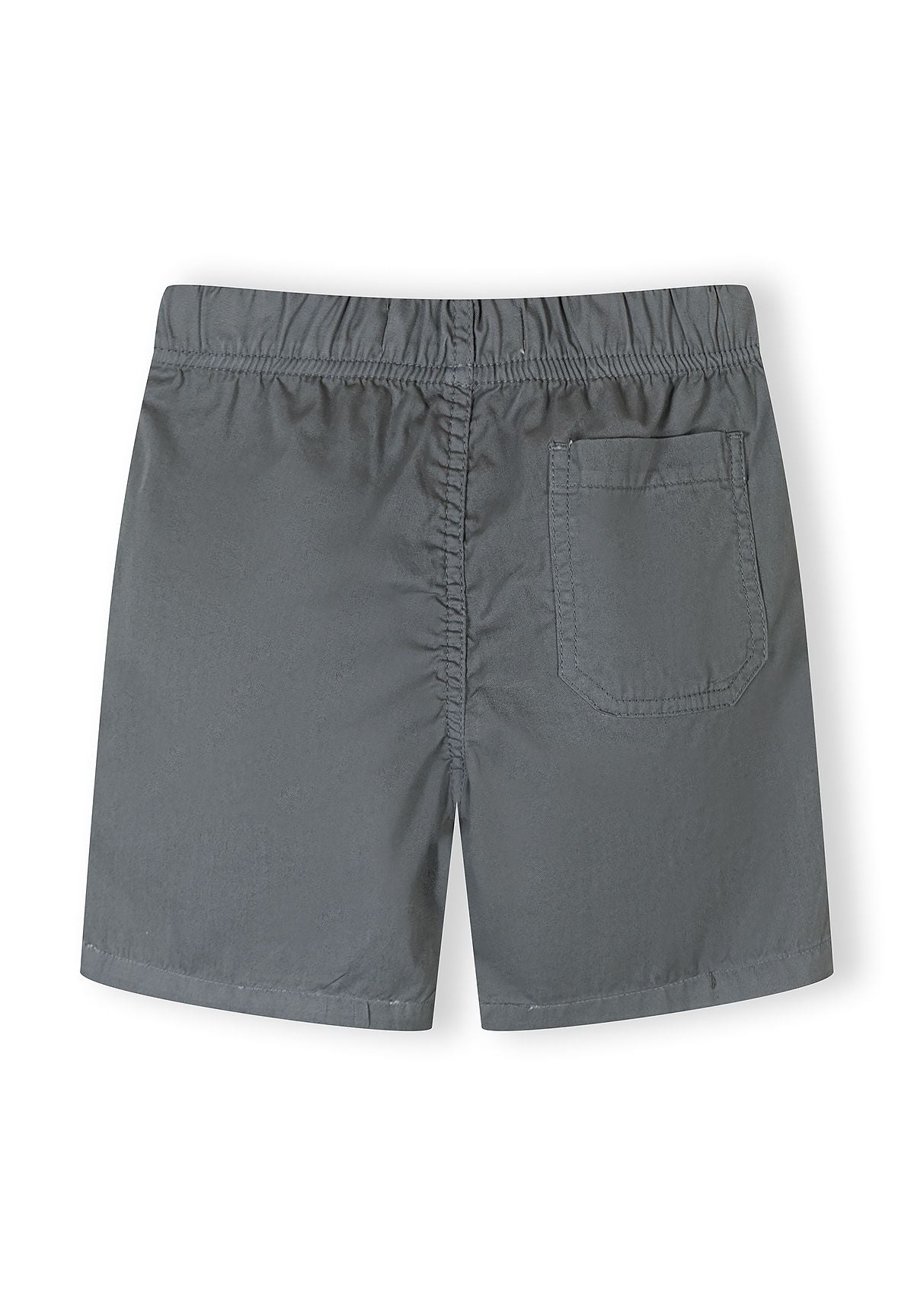 Boys' grey woven shorts, back view, featuring elasticated waistband and single back pocket.