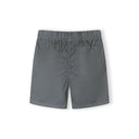 Close-up detail of grey shorts waistband showing Minoti label, elasticated gathering and white drawstring with black pattern detail