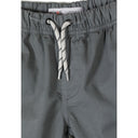 Close-up detail of grey shorts waistband showing Minoti label, elasticated gathering and white drawstring with black pattern detail