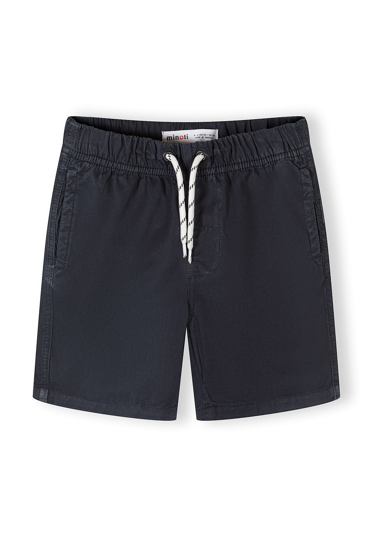 Close-up of navy boys' woven shorts with elasticated waistband and two side pockets.