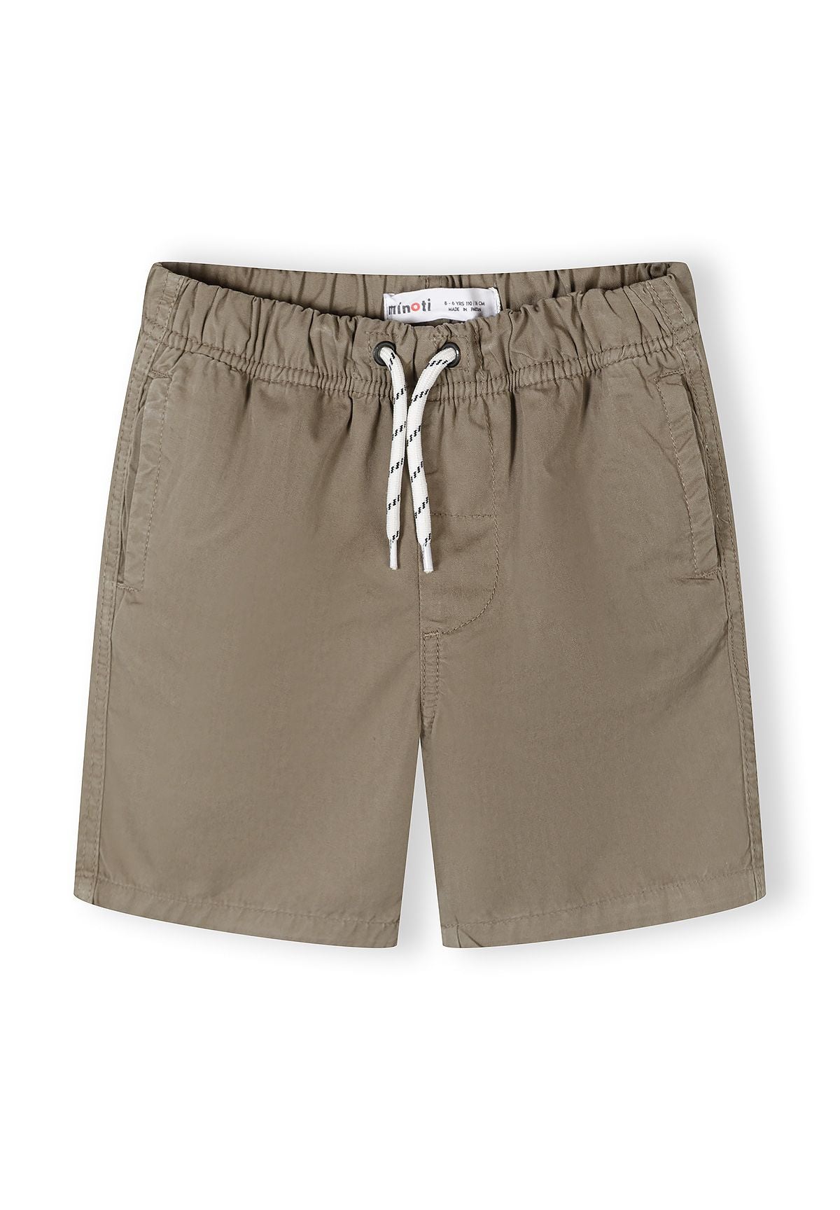 Boys' olive woven shorts, front view, elasticated waistband, two side pockets.