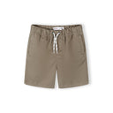 Single beige cotton shorts displayed flat showing elasticated waistband with rope drawstring and side pockets on white background
