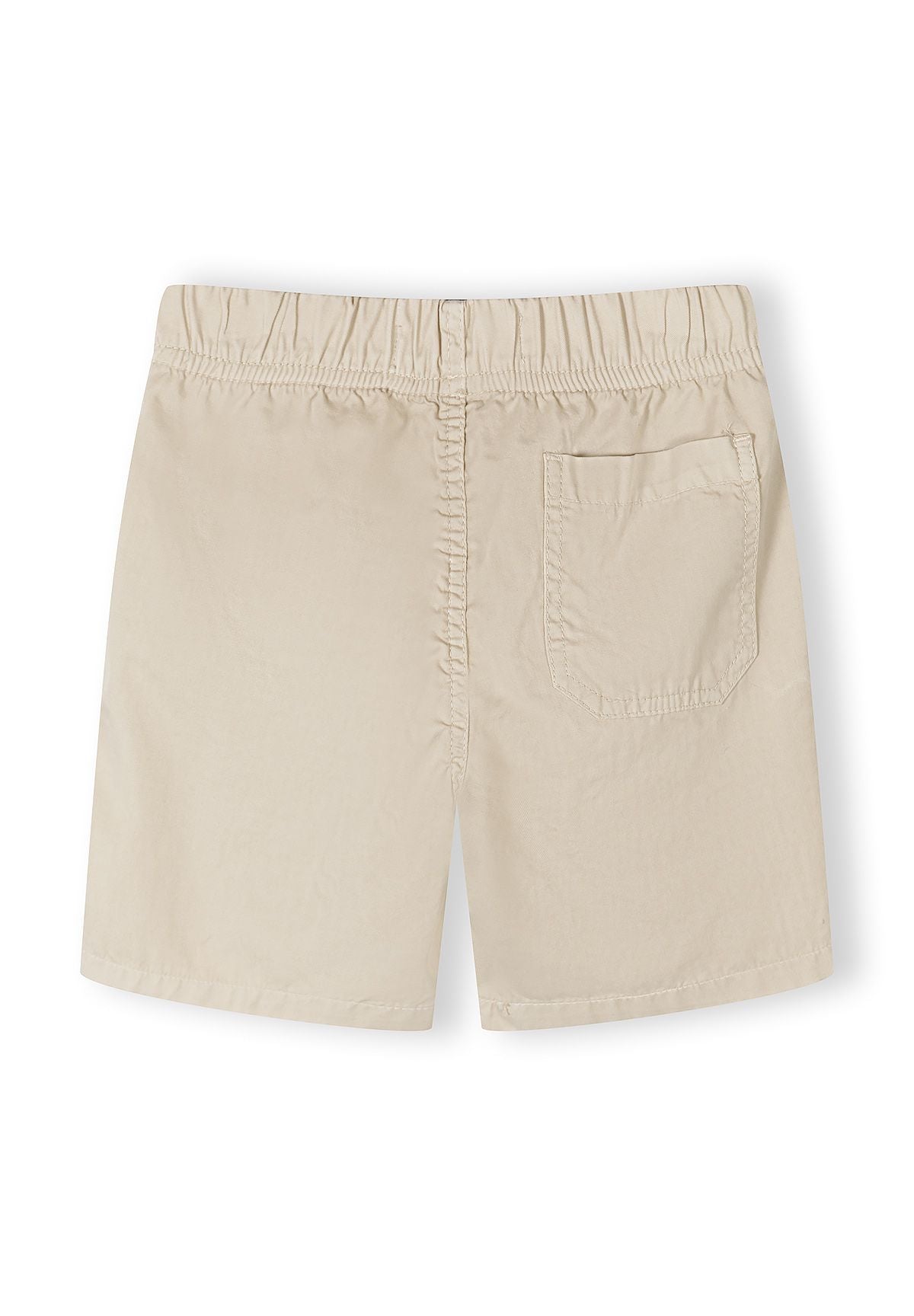 Back view of beige boys' woven shorts with elasticated waistband and back pocket.