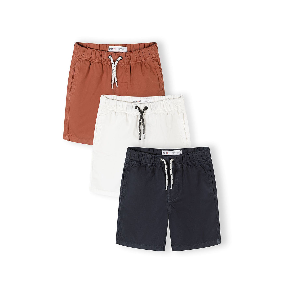 Boys' shorts 3-pack in rust, cream and navy — complete product view for square Shop card