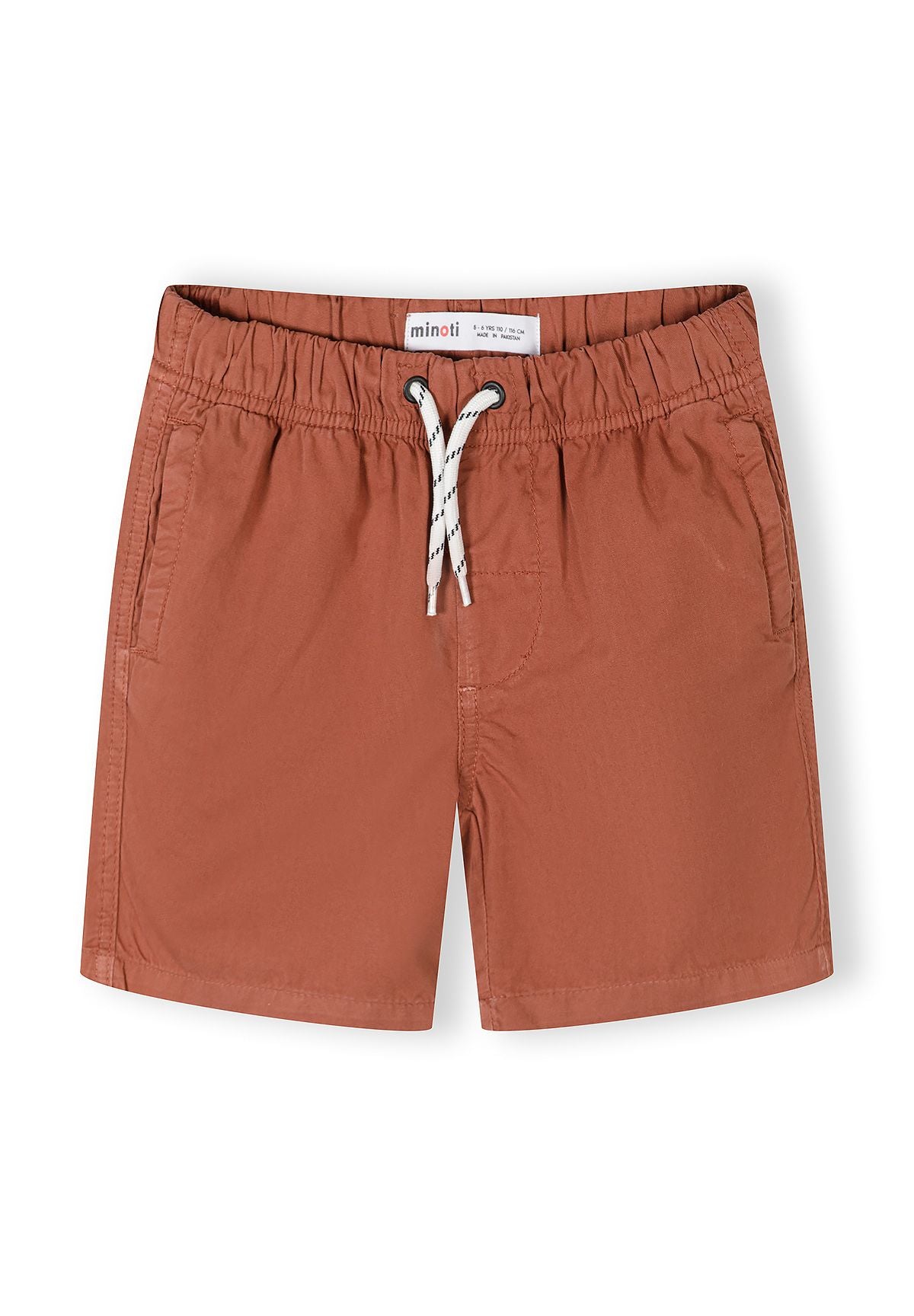 Boys' woven shorts in rust color with elasticated waistband and drawstring, front view.