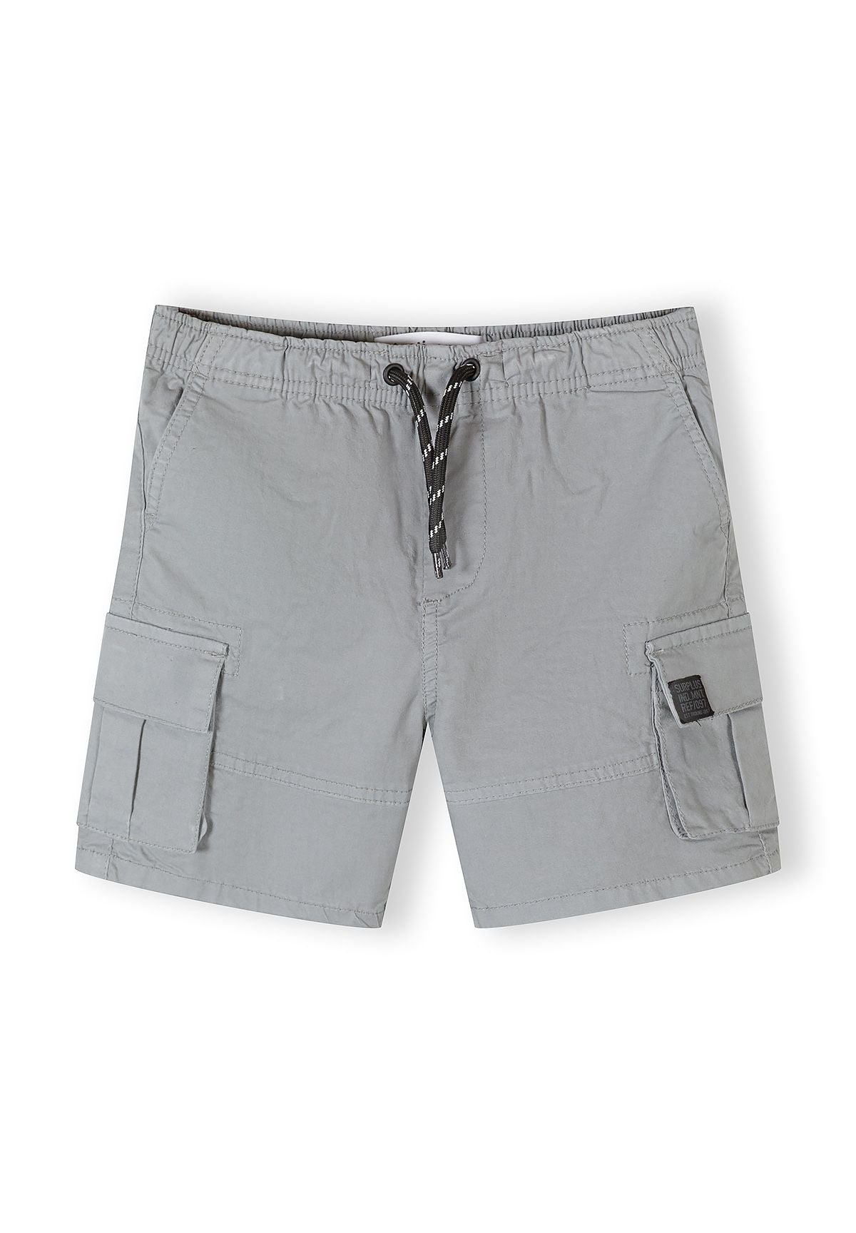 Boys grey combat shorts with elasticated waistband and side pockets, front view.