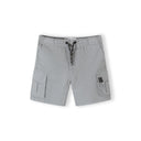 Single grey cargo shorts displayed flat showing detailed view of cargo pockets, drawstring waist and overall construction