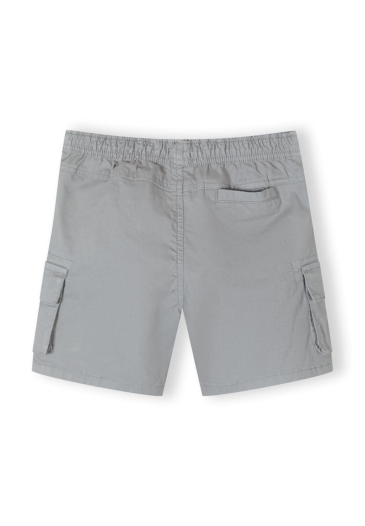 Boys grey camouflage shorts, back view, featuring elasticated waistband and side pockets.