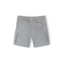 Close-up detail of grey shorts waistband showing black and white striped drawstring with metal eyelets and elastic waist construction