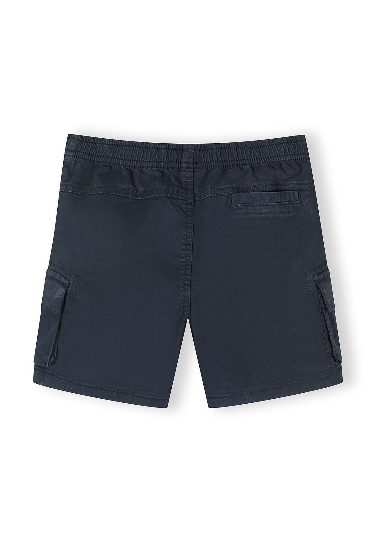 Back view of navy cargo shorts with adjustable waistband and side pockets.