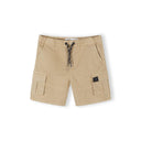 Single beige cargo shorts laid flat showing front view with drawstring waist, side pockets and cargo pocket details