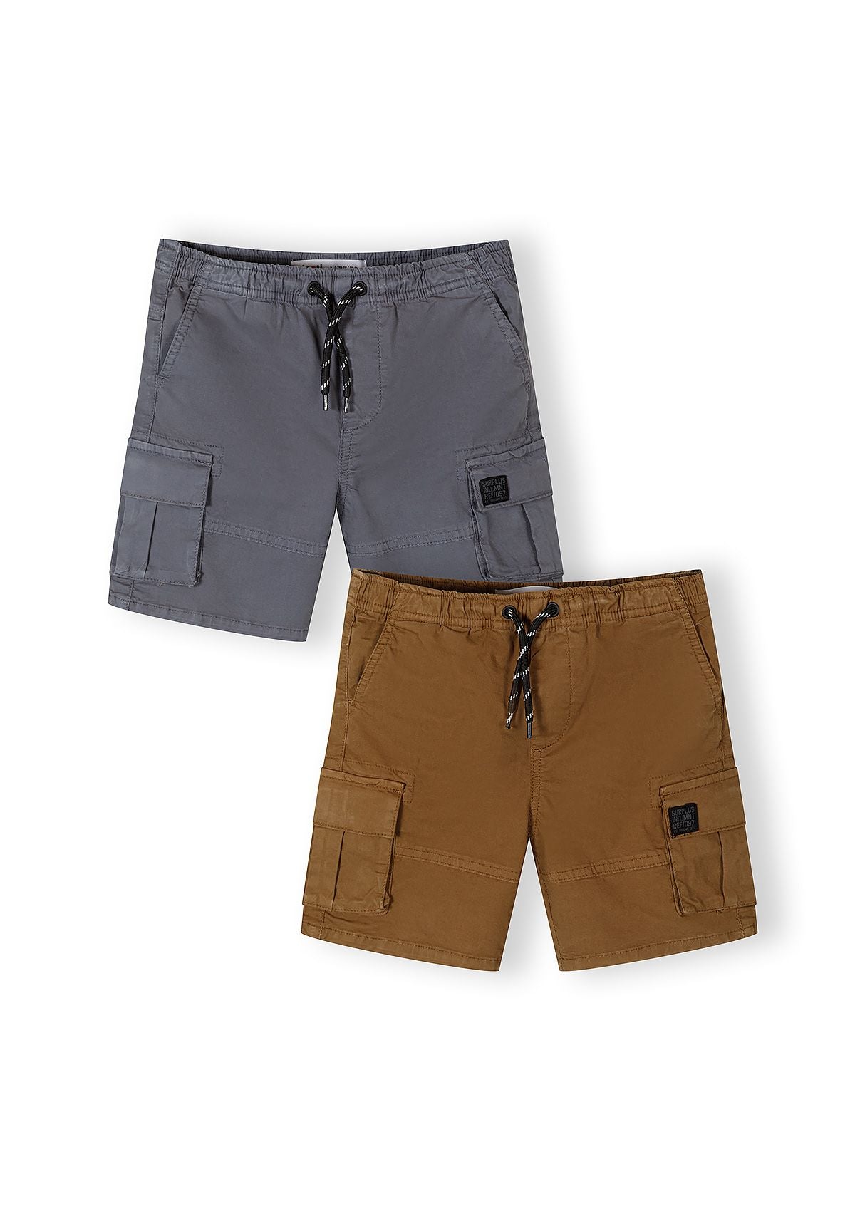 Boys combat shorts in camel and blue, front view, featuring elastic waistband and cargo pockets.