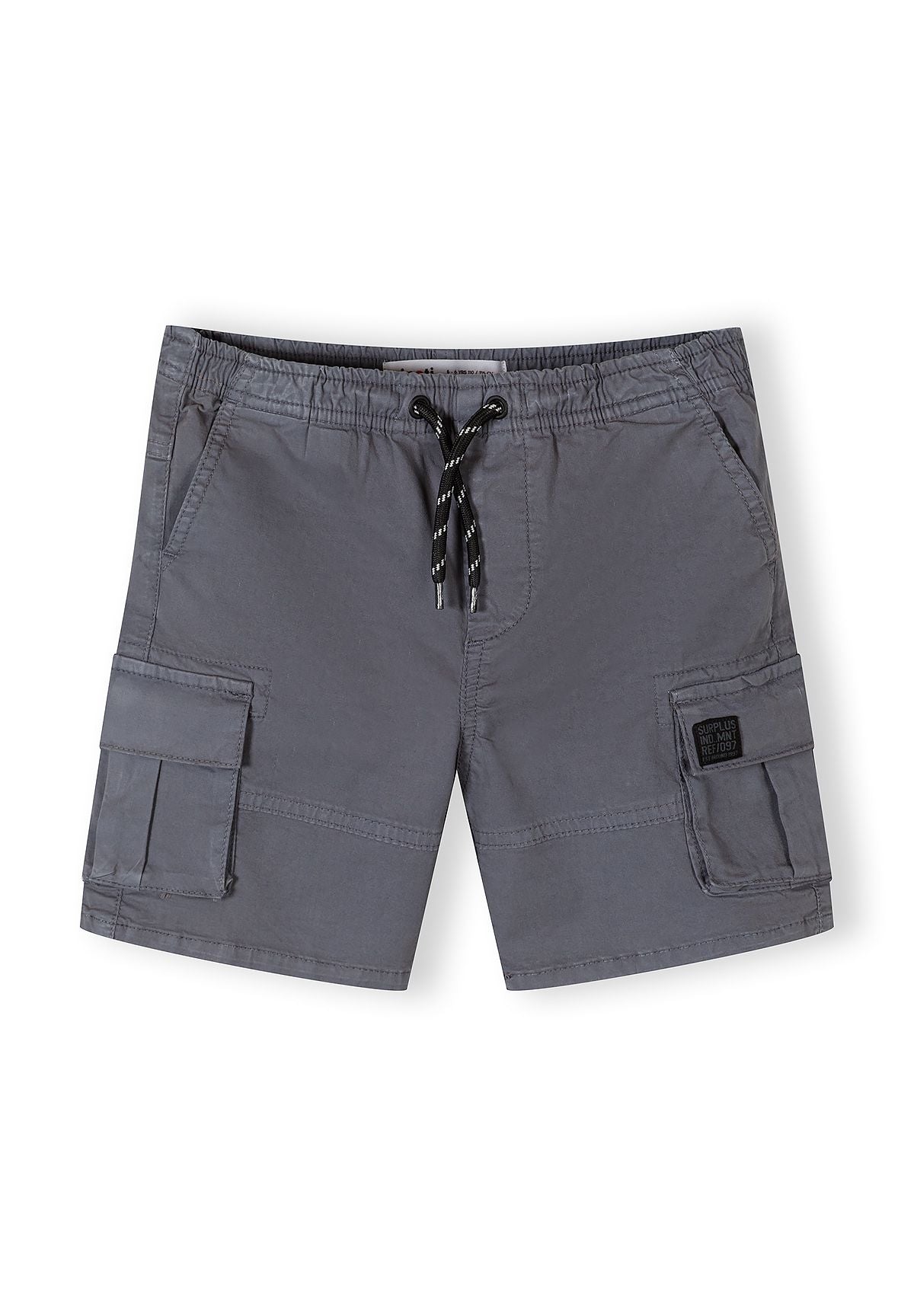 Boys combat shorts in gray with elastic waistband and cargo pockets, front view.