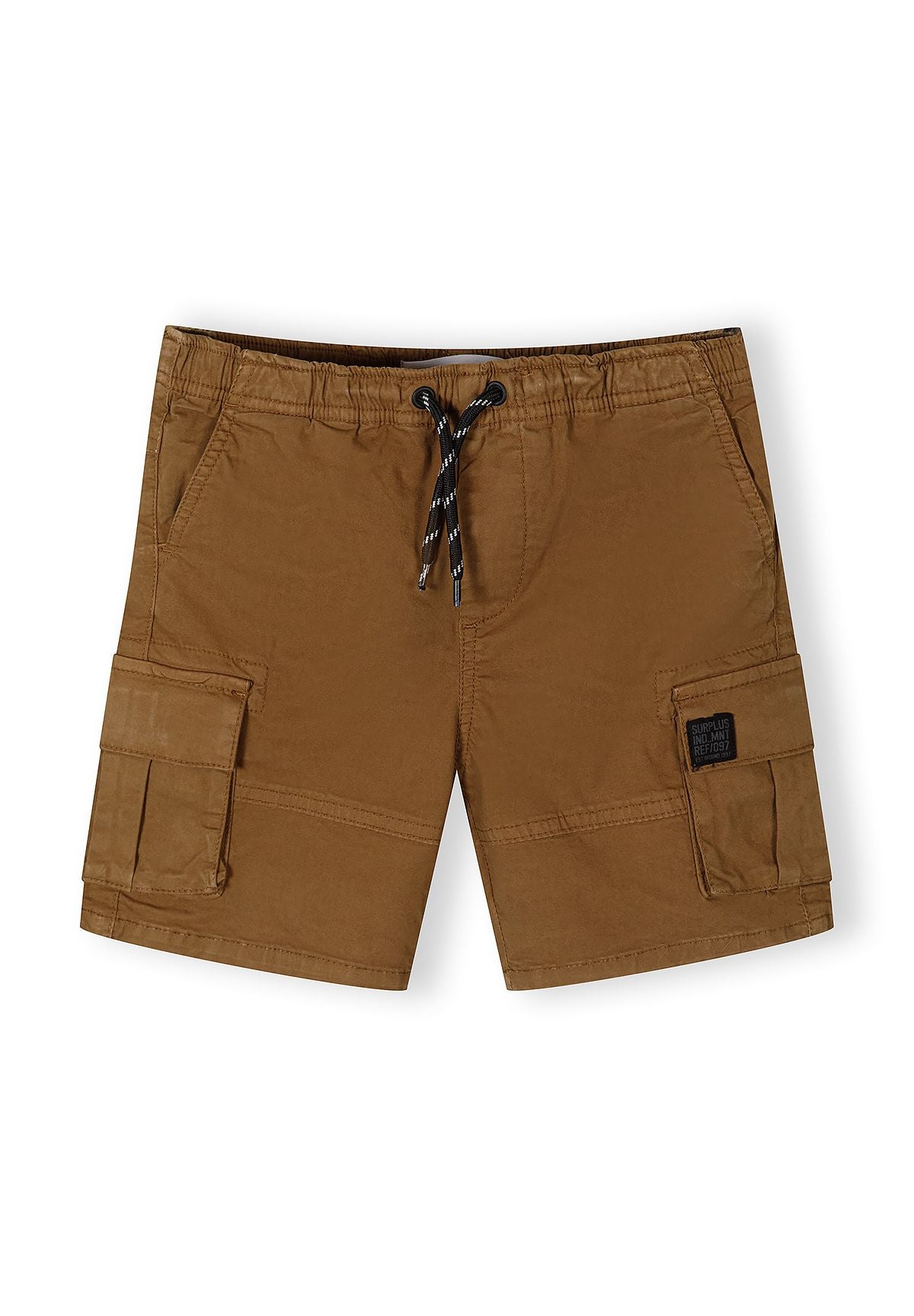 Boys combat shorts in camel with elastic waistband and cargo pockets, front view.