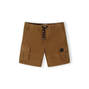 Single pair of camel brown combat shorts laid flat showing front view with cargo pockets, drawstring waist and utility styling on white background