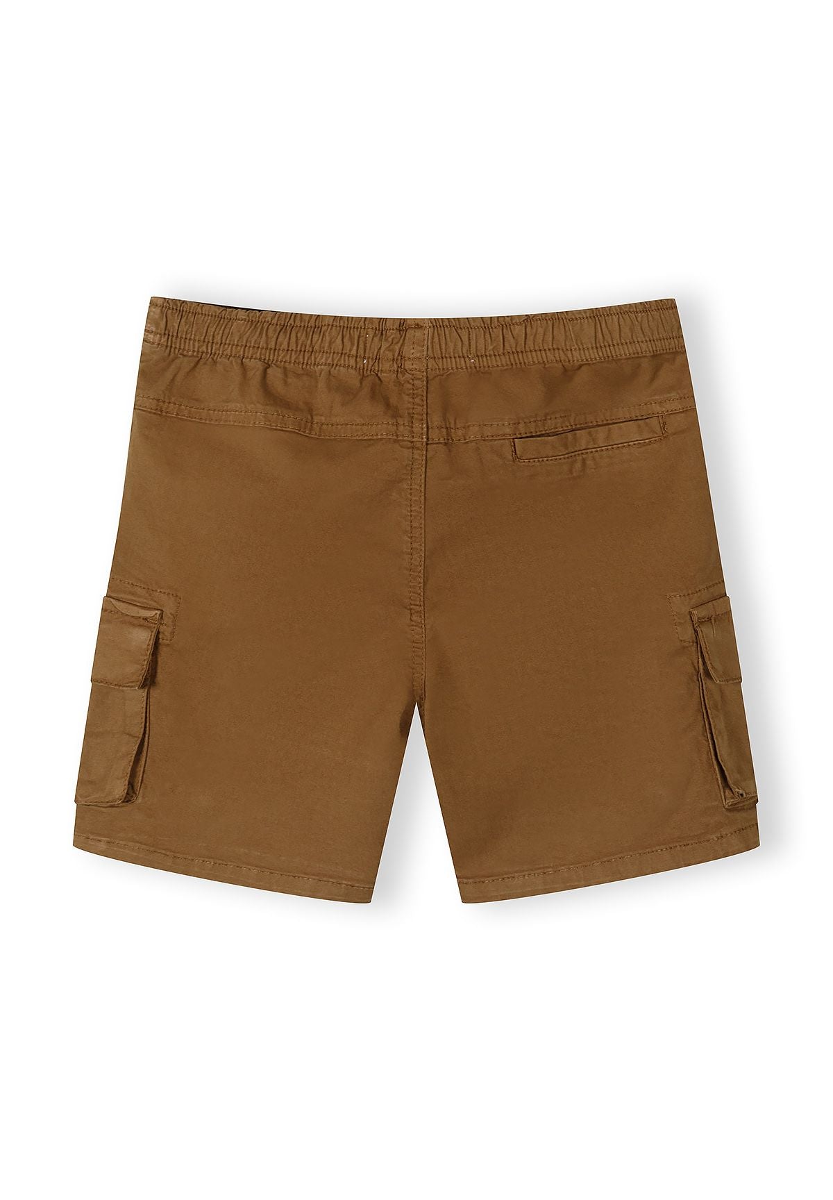 Back view of boys' camel combat shorts with elastic waistband and cargo pockets.