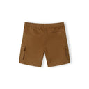 Close-up detail of camel brown combat shorts showing drawstring waist with black and white striped cord and elastic waistband construction