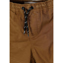 Close-up detail of camel brown combat shorts showing drawstring waist with black and white striped cord and elastic waistband construction