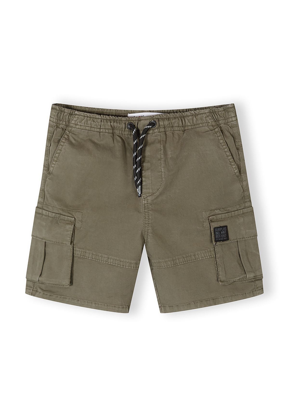 Detail of khaki woven combat shorts with elasticated waistband and cargo pockets.