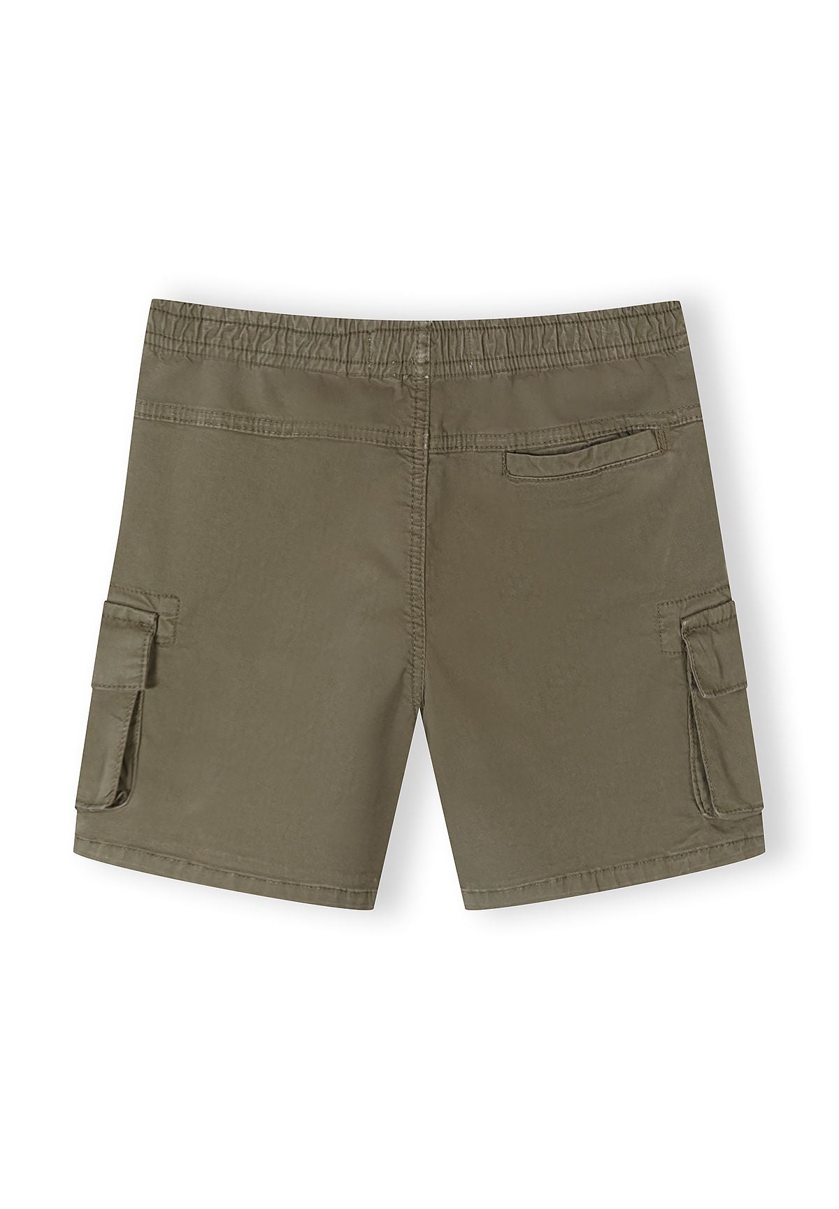 Back view of khaki woven combat shorts with elasticated waistband and cargo pockets.