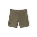 Close-up front view of black Minoti combat shorts on white background showing cargo pockets, drawstring waist and structured fit