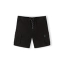 Close-up front view of black Minoti combat shorts on white background showing cargo pockets, drawstring waist and structured fit