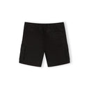 Detail shot of black combat shorts waistband showing elastic waist with black and white striped drawstring cord and metal eyelets