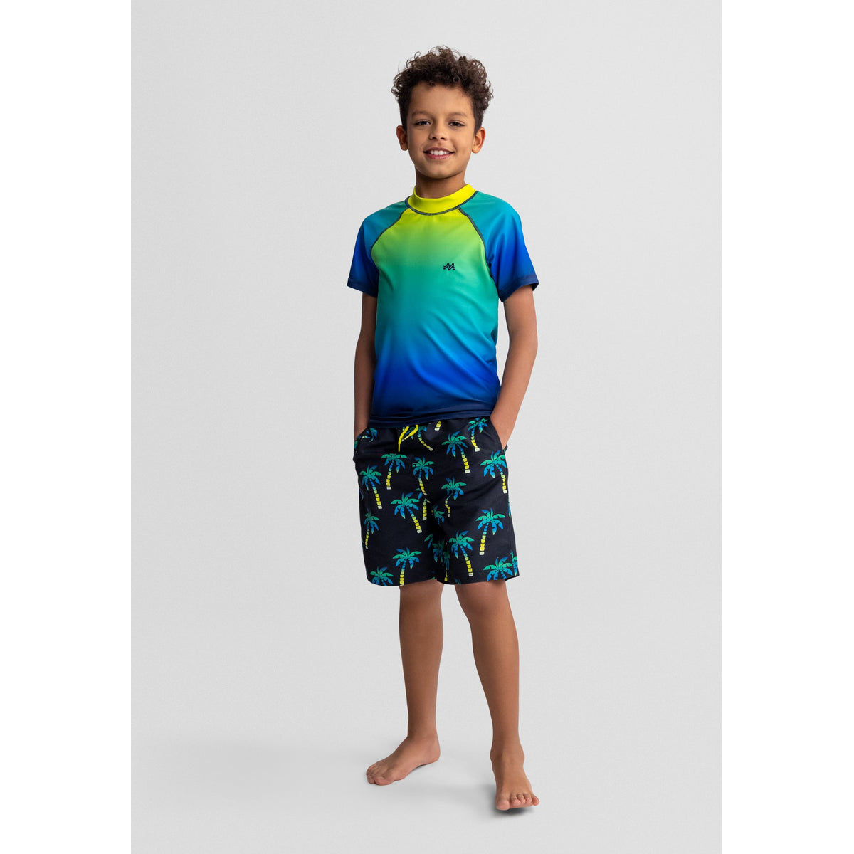Boys' swim shorts 2-pack in black, blue, teal and lime — complete product view for square Shop card