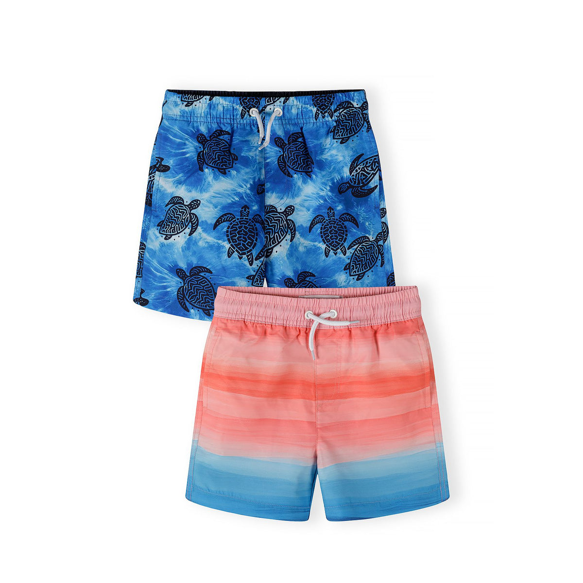 Boys' swim shorts 2-pack in blue and coral — complete product view for square Shop card