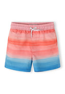 Kids swim shorts with elastic waist and drawstring, featuring a soft gradient design in coral and blue tones.