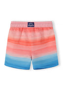 Kids swim shorts with elasticated waist featuring a colorful gradient design in coral and blue shades