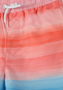 Close-up of boys swimming shorts with elasticated waistband and drawstring in gradient coral and blue design