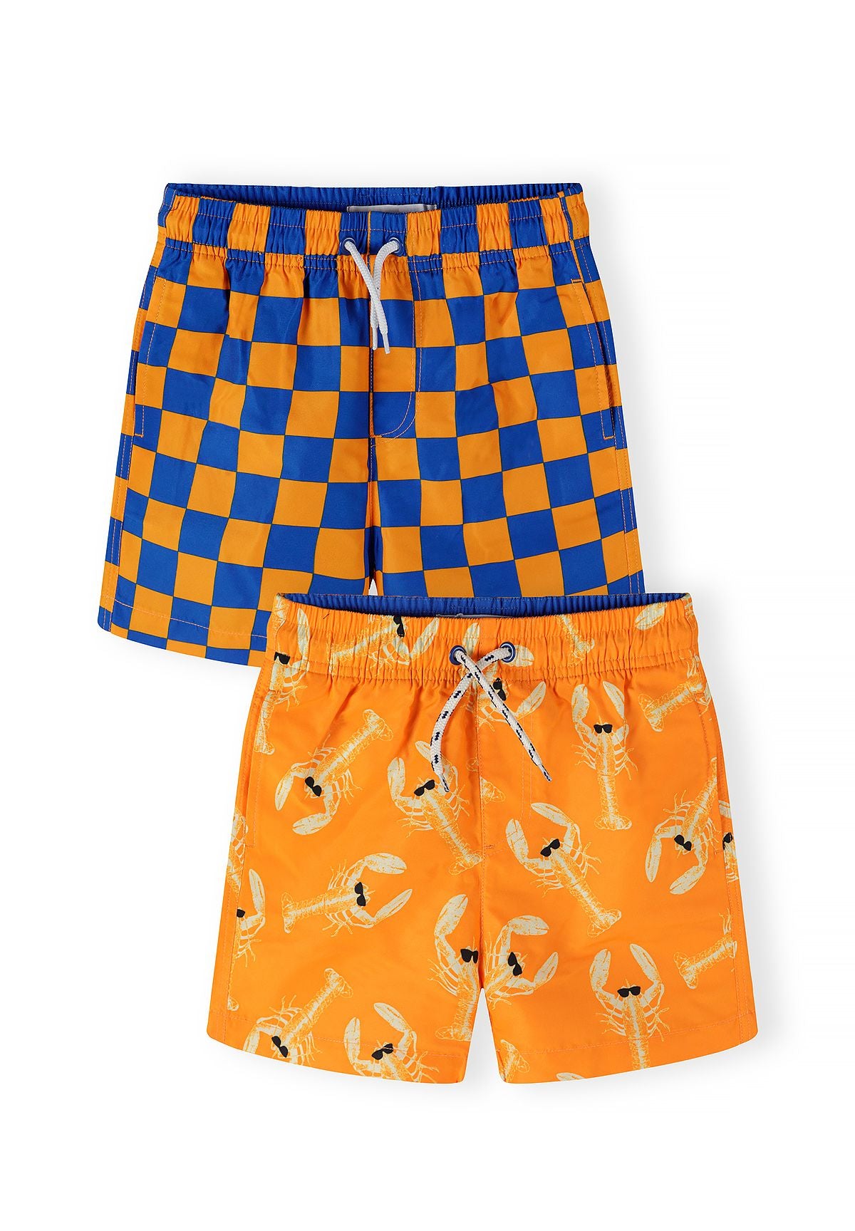 Orange and blue swim shorts, two-pack fronts.