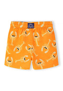 Boys swim shorts in orange with lobster print, back view, elasticated waistband.