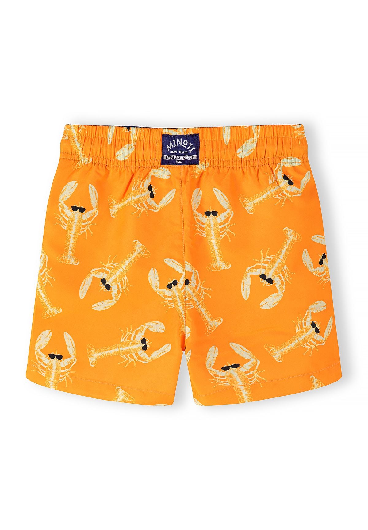 Orange and blue swim shorts, lobster back.