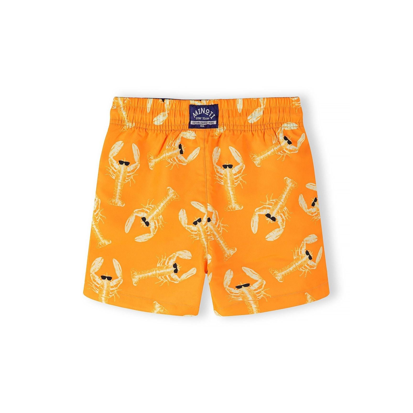 Orange swim shorts with all-over lobster print pattern and Minoti label on elastic waistband, laid flat on white background