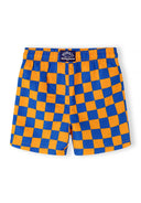 Boys swim shorts in orange and blue check pattern, front view, elasticated waistband.