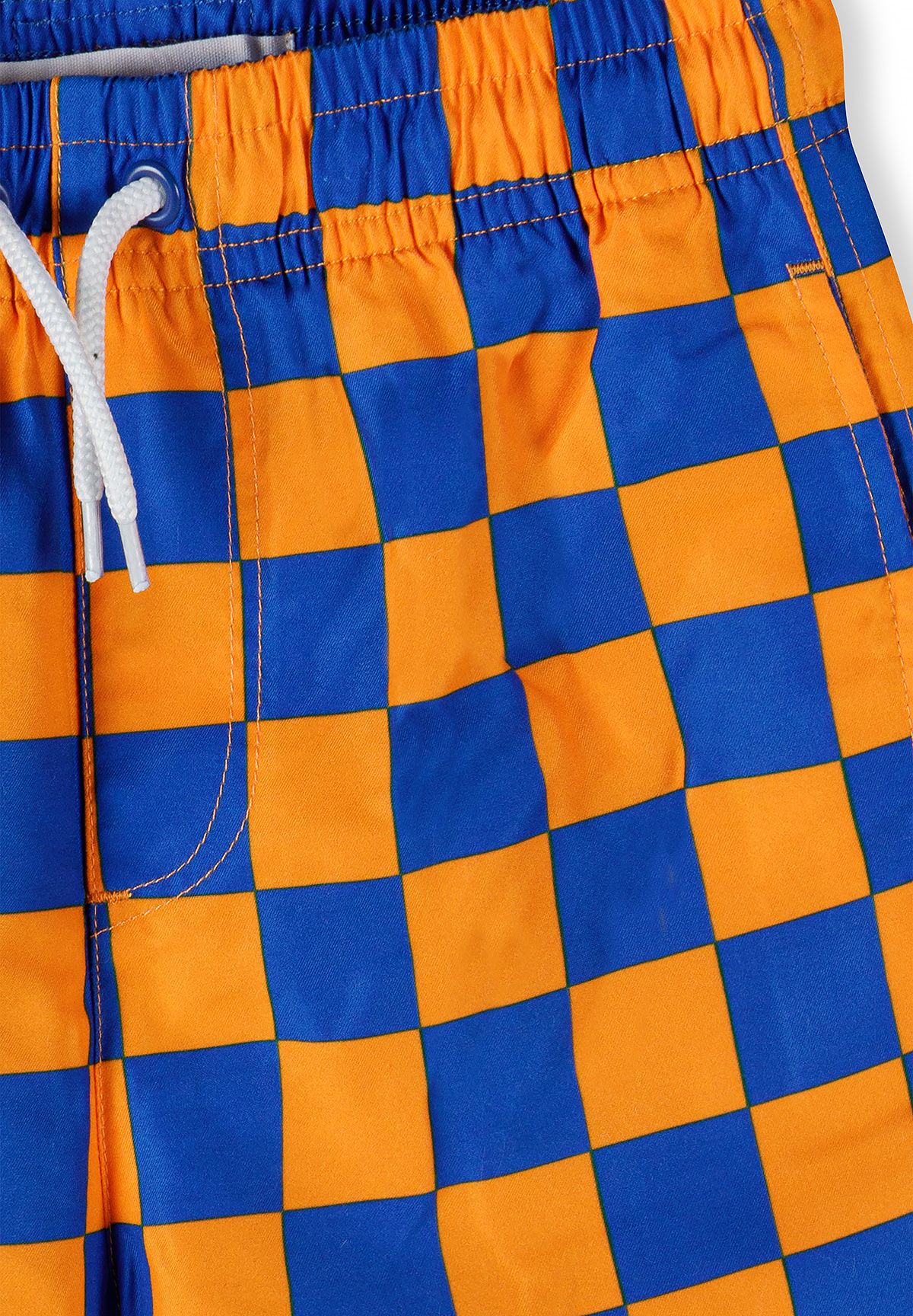 Orange and blue swim shorts, checkerboard waist and pocket detail.