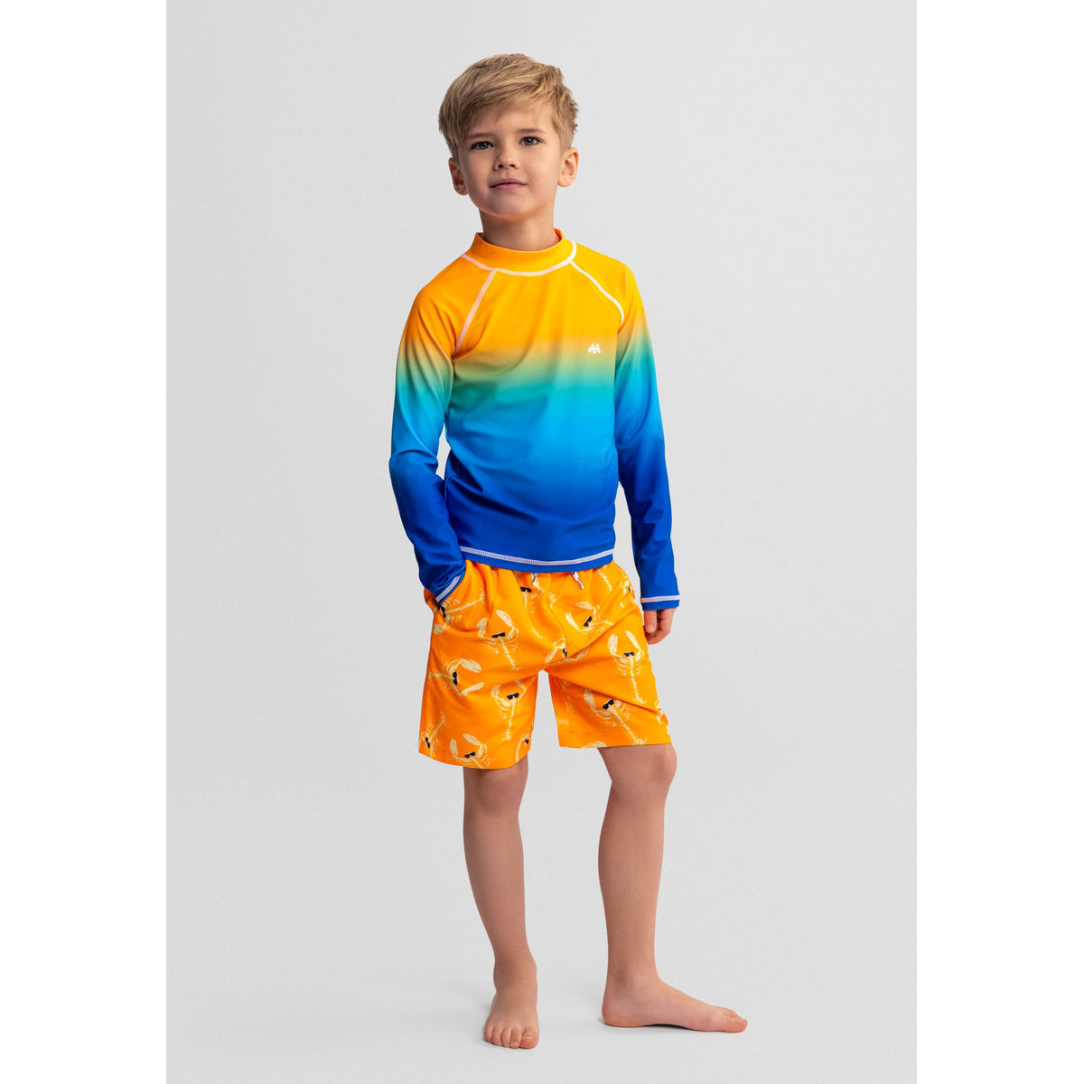 Boys' swim shorts 2-pack in orange and blue — complete product view for square Shop card