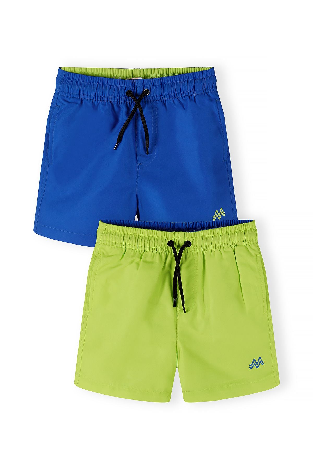 Royal blue and lime swim shorts, two-pack fronts.