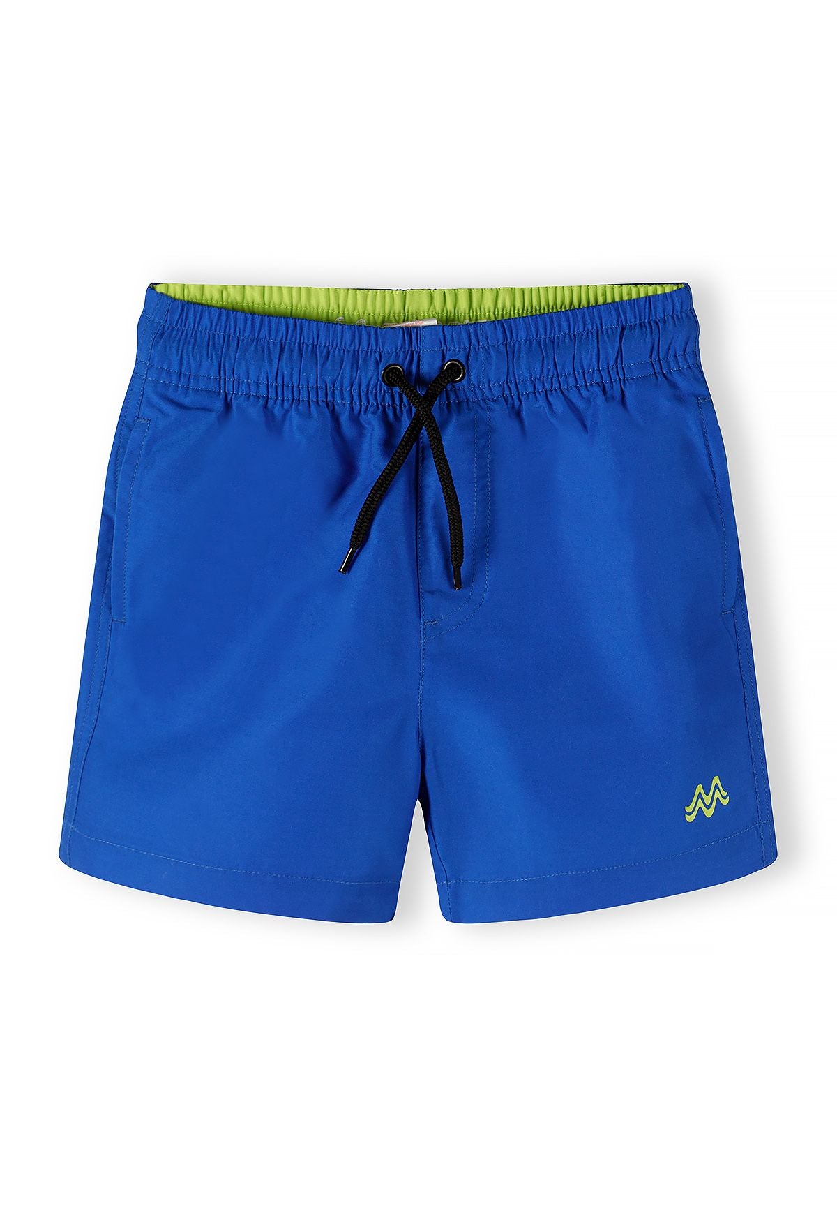 Royal blue and lime swim shorts, blue front.